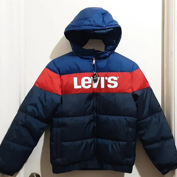 Levi's Big Boy Puffer Jacket With Hood LOGO In Front L 12-13 Years Navy Red New.
